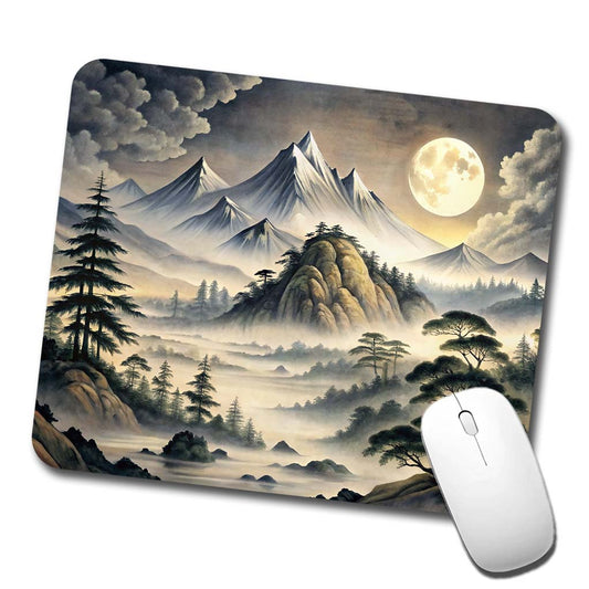 Japanese Style Ink Painting Landscape Misty Mountains Large Moon Low Profile Mouse Pad Mat