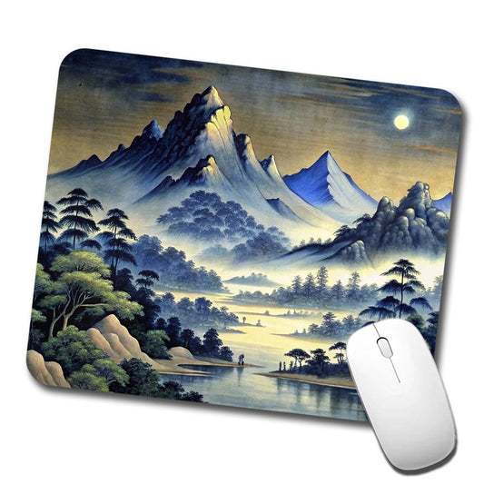 Japanese Style Ink Painting Landscape Mountains At Night Low Profile Mouse Pad Mat