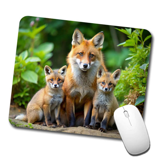 Mother Fox And Pups Low Profile Mouse Pad Mat