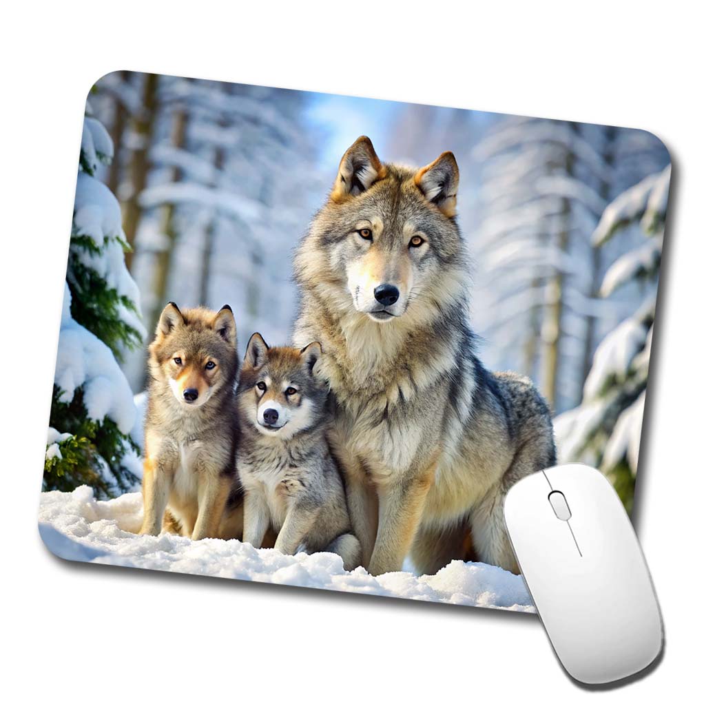 Mother Wolf And Pups In Winter Low Profile Mouse Pad Mat