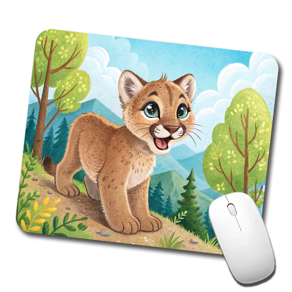 Mountain Lion Cougar Children's Illustration Style Low Profile Mouse Pad Mat