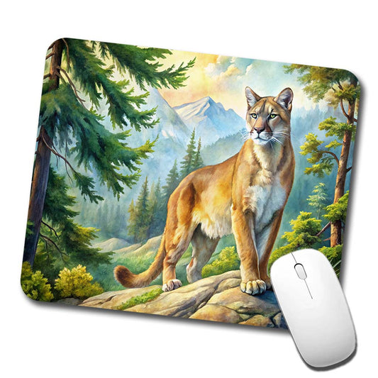 Mountain Lion Cougar In Woods Watercolor Low Profile Mouse Pad Mat