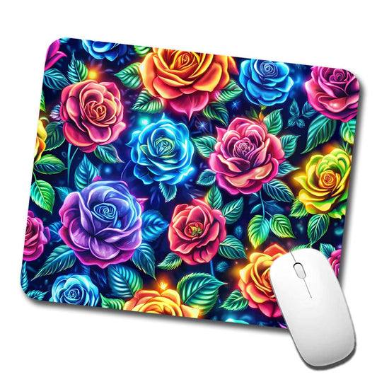 Neon Colorful Rose Floral Pattern Low Profile Mouse Pad Mat