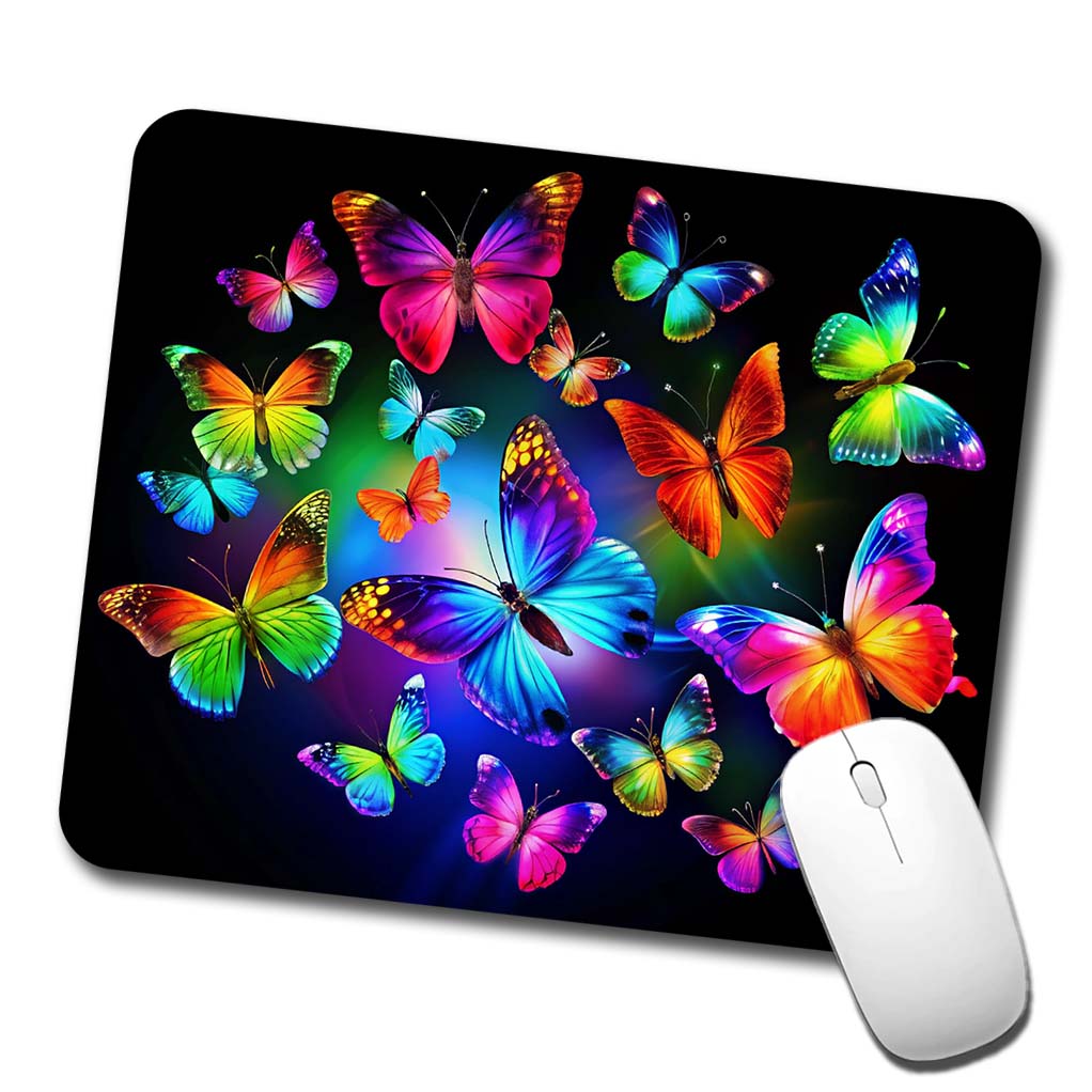 Neon Rainbow Colorful Butterflies Low Profile Mouse Pad Mat