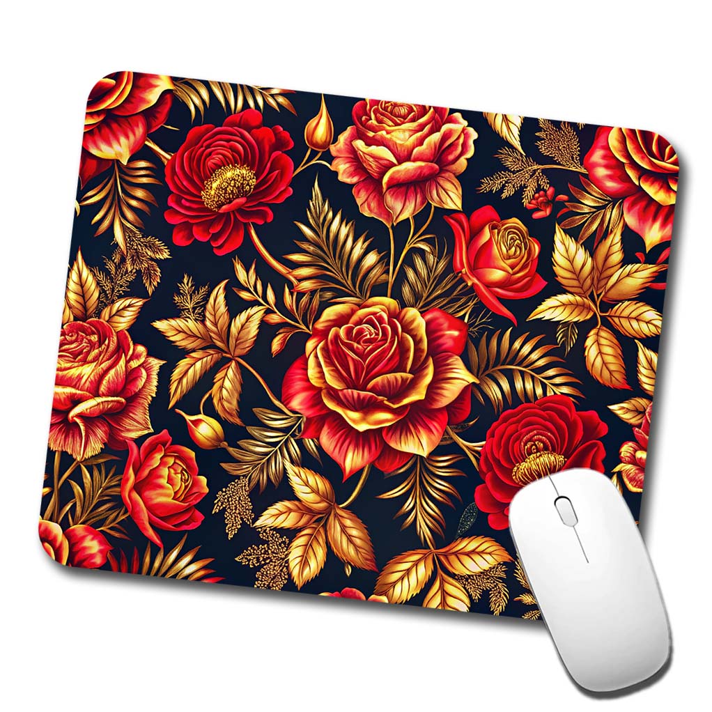 Neon Red And Gold Rose Floral Pattern Low Profile Mouse Pad Mat