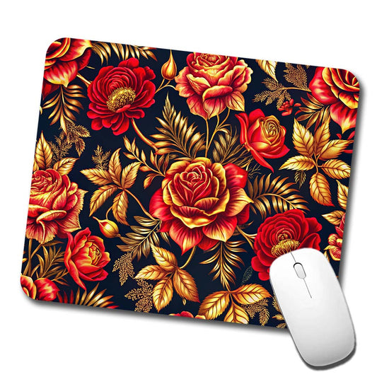 Neon Red And Gold Rose Floral Pattern Low Profile Mouse Pad Mat