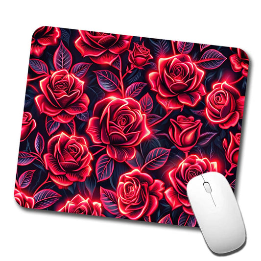 Neon Red Rose Floral Pattern Low Profile Mouse Pad Mat