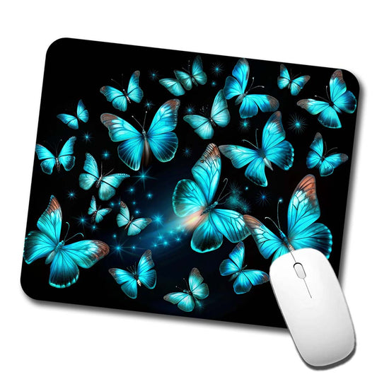 Neon Teal Blue Butterflies Low Profile Mouse Pad Mat