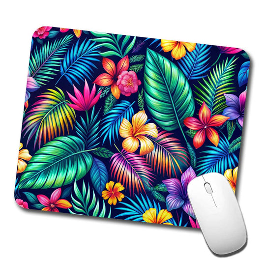 Neon Tropical Floral Pattern Low Profile Mouse Pad Mat