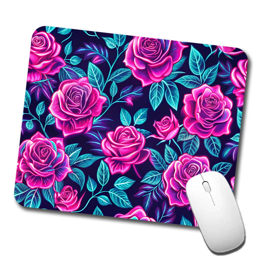 Pink Neon Rose Floral Pattern Low Profile Mouse Pad Mat