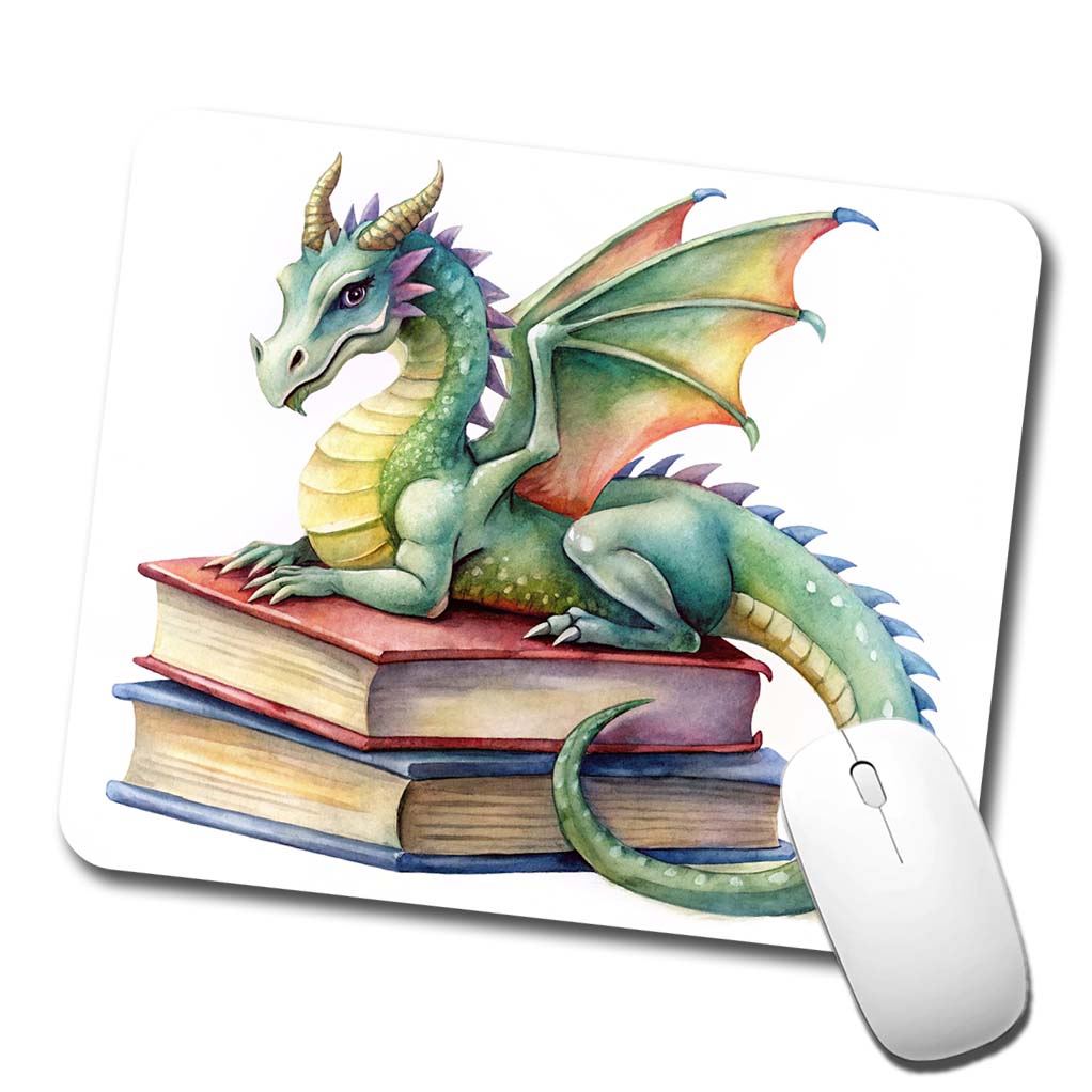 Reading Dragon Laying On Top Books Watercolor Low Profile Mouse Pad Mat