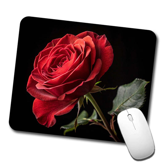 Red Rose On Black Background Low Profile Mouse Pad Mat