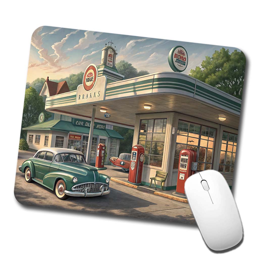 Retro Americana 1950's Main Street Gas Station Low Profile Mouse Pad Mat