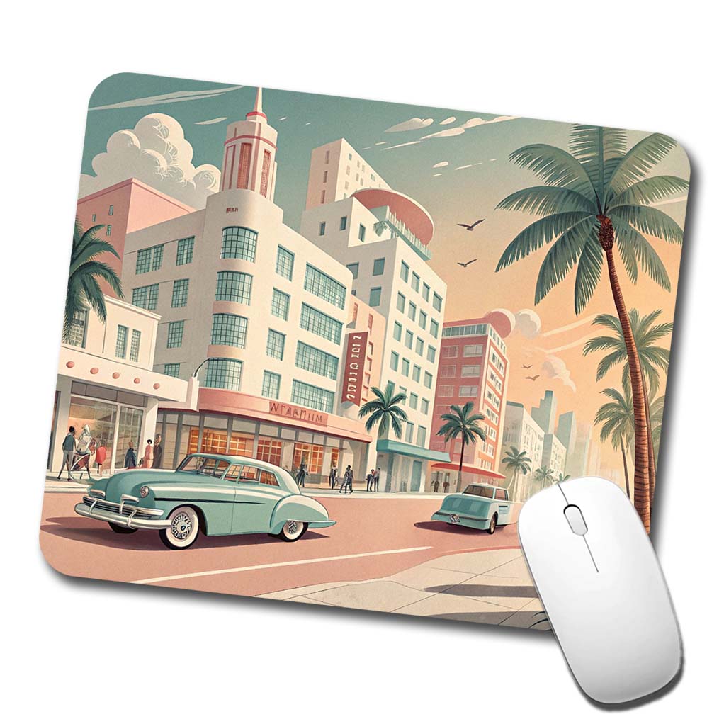 Retro Mid-Century Pastel Cityscape Low Profile Mouse Pad Mat