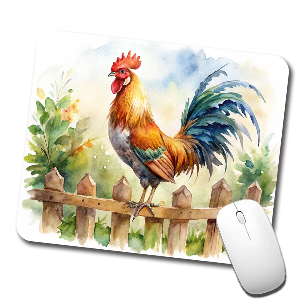 Rooster On Fence Watercolor Low Profile Mouse Pad Mat