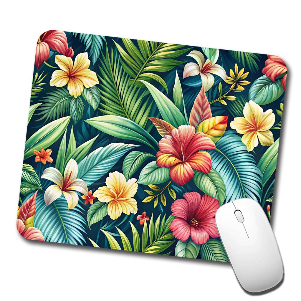 Tropical Hibiscus Pastel Floral Pattern Low Profile Mouse Pad Mat