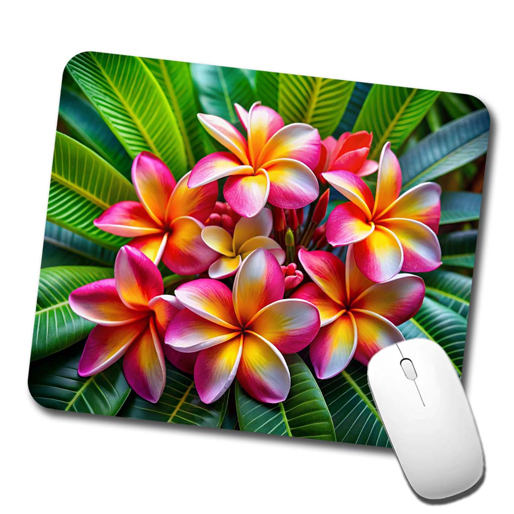 Tropical Pink Yellow Plumeria Flowers Low Profile Mouse Pad Mat