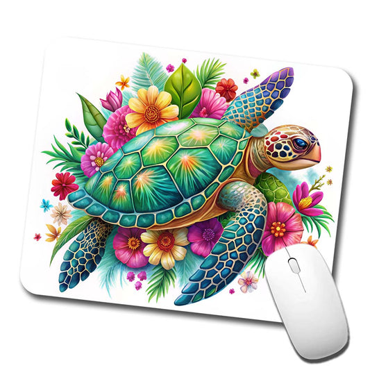 Tropical Sea Turtle Floral Design Low Profile Mouse Pad Mat