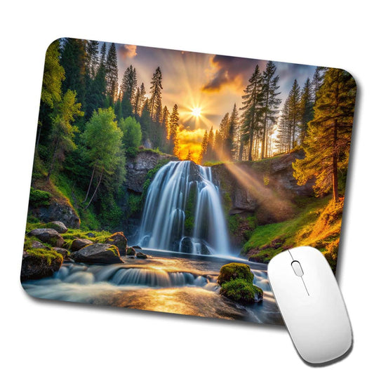 Waterfall In The Forest At Sunset Low Profile Mouse Pad Mat