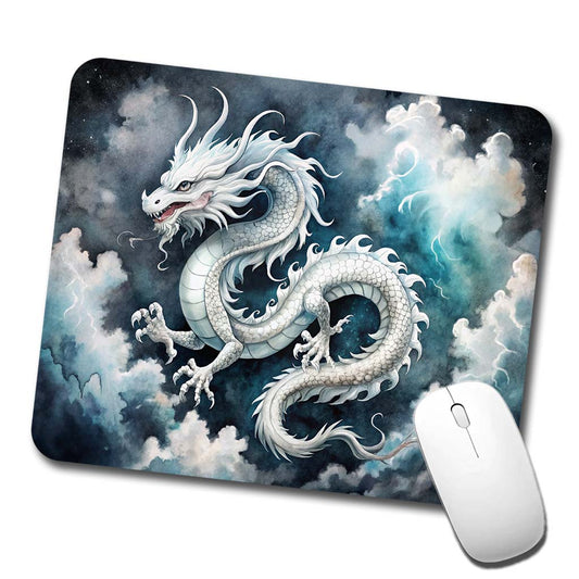 White Asian Dragon On Black Watercolor Low Profile Mouse Pad Mat