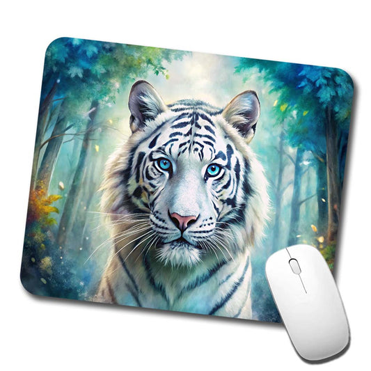 White Tiger In Forest Watercolor Low Profile Mouse Pad Mat