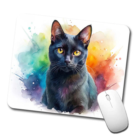 Black Cat Watercolor Style Low Profile Mouse Pad Mat
