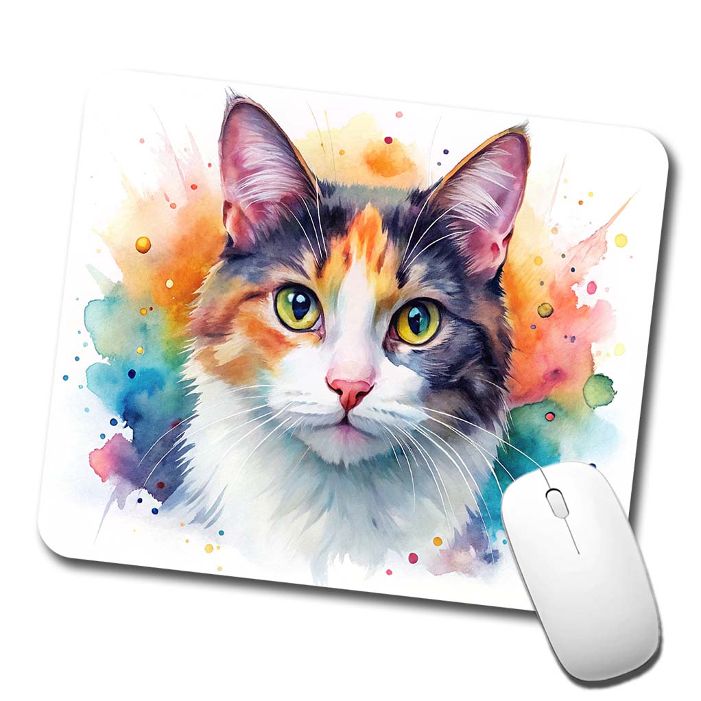 Calico Cat Watercolor Style Low Profile Mouse Pad Mat