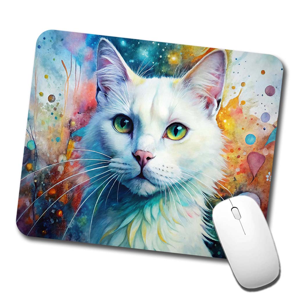 White Cat Abstract Art Low Profile Mouse Pad Mat