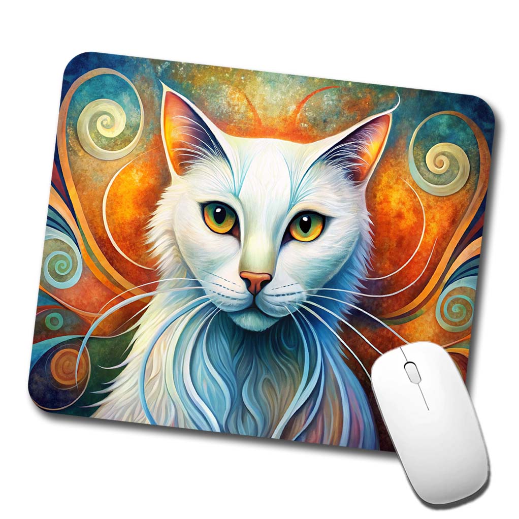 White Cat Abstract Stylized Art Low Profile Mouse Pad Mat