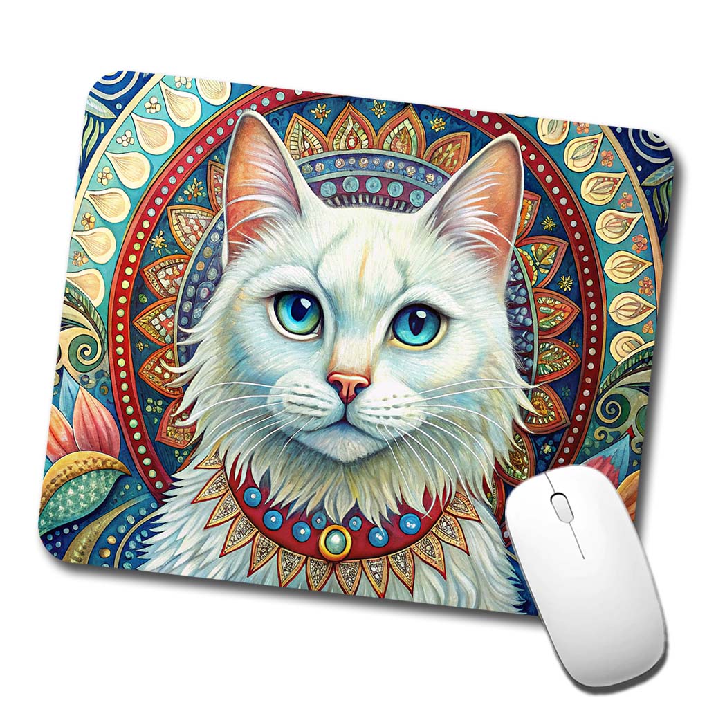 White Cat Bohemian Art Low Profile Mouse Pad Mat