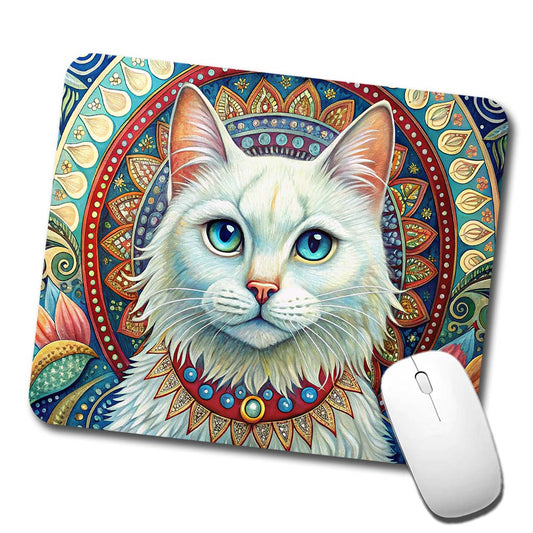 White Cat Bohemian Art Low Profile Mouse Pad Mat