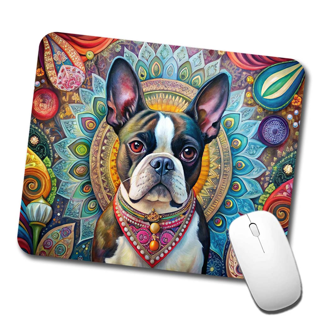 Boston Terrier Dog Bohemian Art Low Profile Mouse Pad Mat