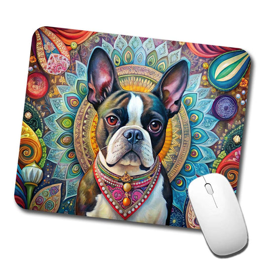 Boston Terrier Dog Bohemian Art Low Profile Mouse Pad Mat
