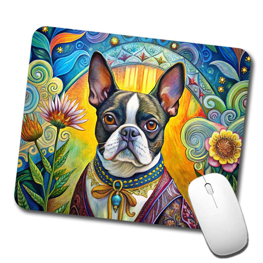 Boston Terrier Dog French Bohemian Art Low Profile Mouse Pad Mat