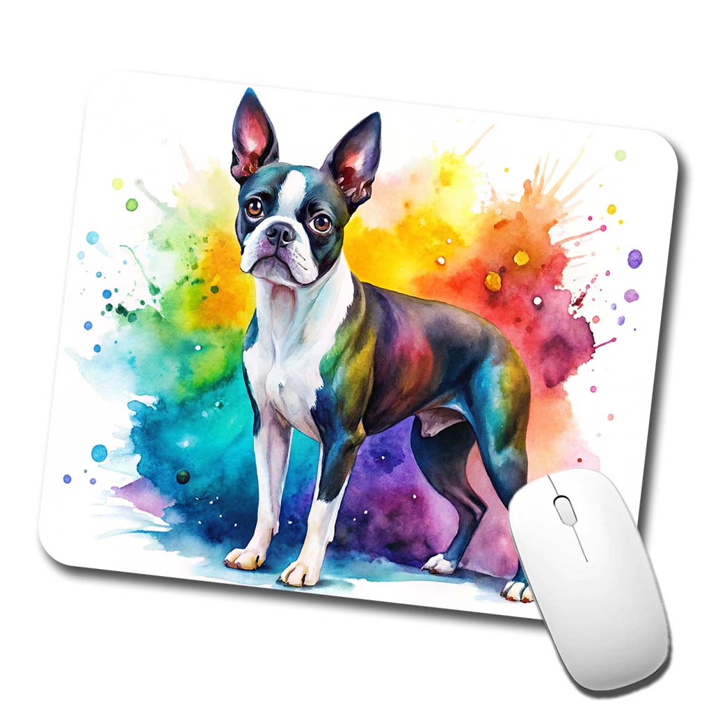 Boston Terrier Dog Watercolor Style Low Profile Mouse Pad Mat