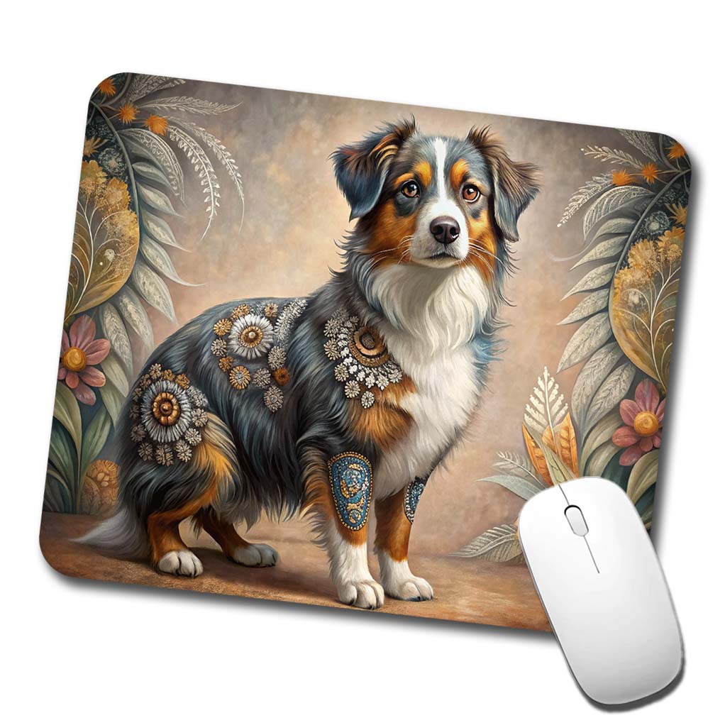 Miniature American Shepherd Dog Bohemian Art Low Profile Mouse Pad Mat