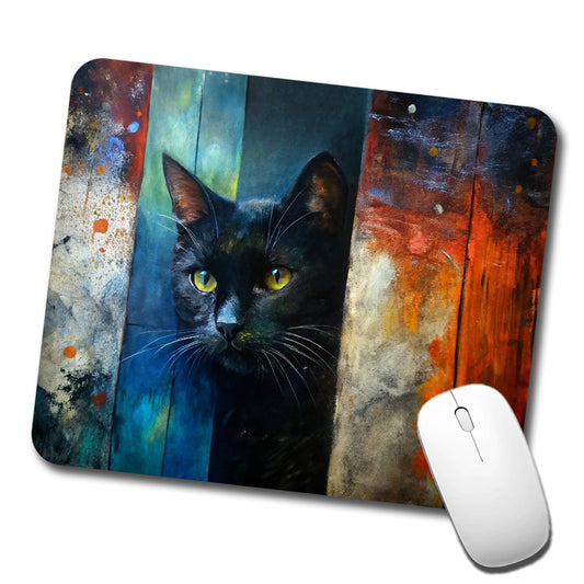 Black Cat Peaking Behind Door Abstract Art Low Profile Mouse Pad Mat