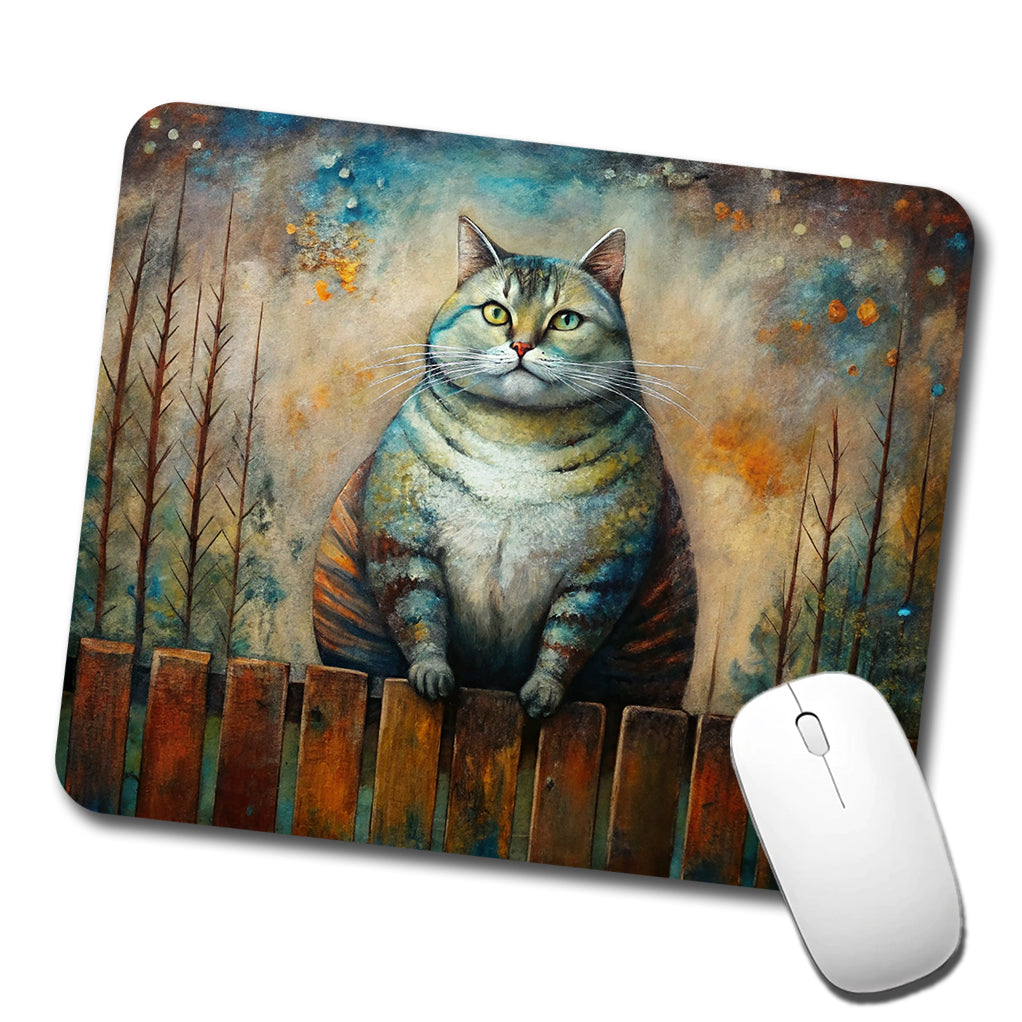 Fat Chunky Alley Cat Sitting On Fence Abstract Art Low Profile Mouse Pad Mat