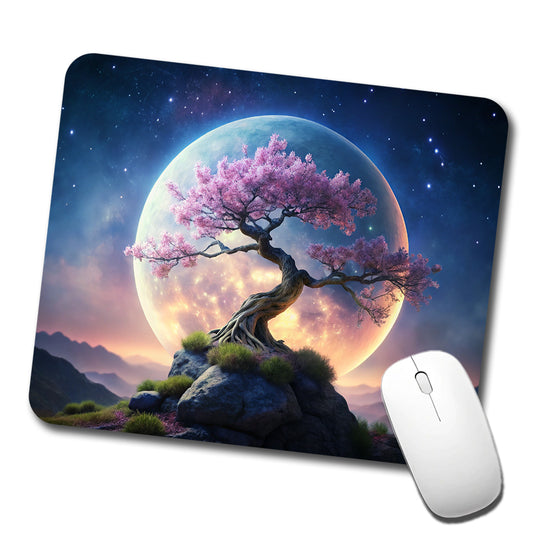 Japanese Bonsai Tree With Pink Flowers On Hill Under Large Moon Low Profile Mouse Pad Mat