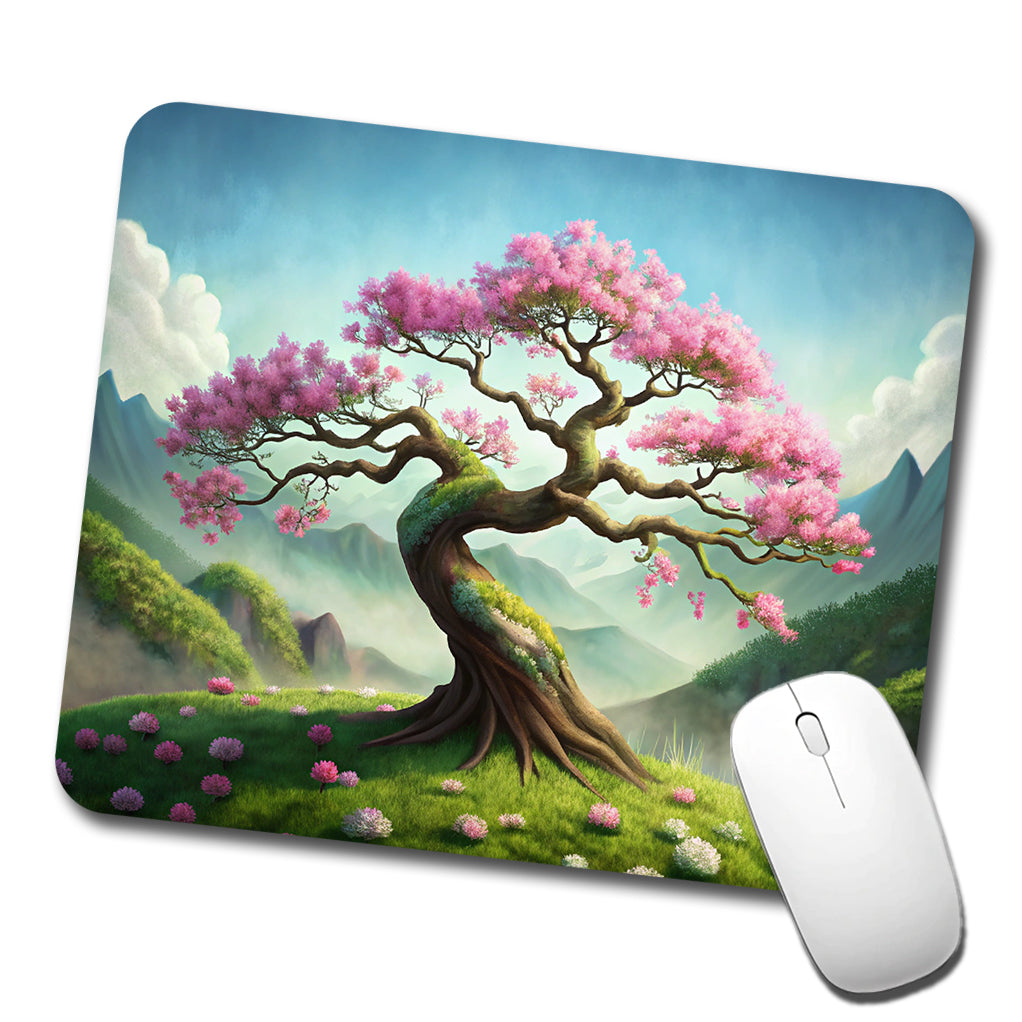Japanese Bonsai Tree With Pink Flowers On Hillside Low Profile Mouse Pad Mat