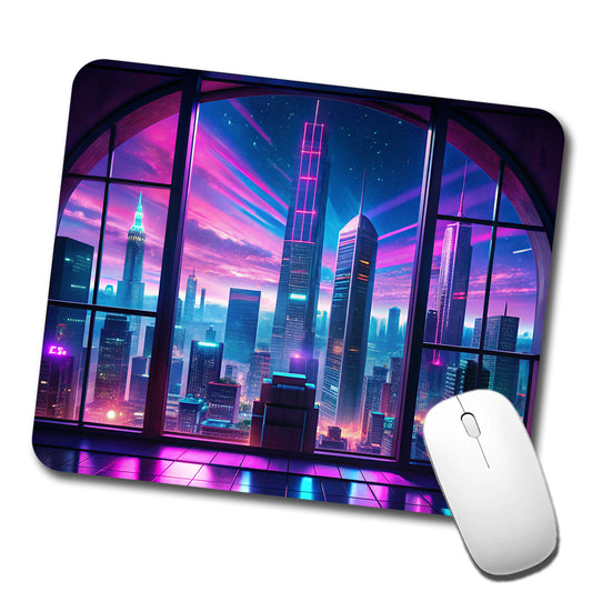 Neon Cityscape As Seen Through Skyscraper Window Purple Blue Low Profile Mouse Pad Mat