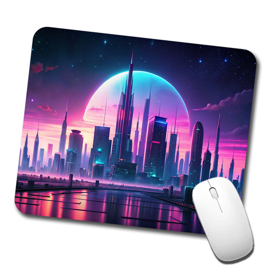 Purple Neon Sci-fi City Horizon Low Profile Mouse Pad Mat