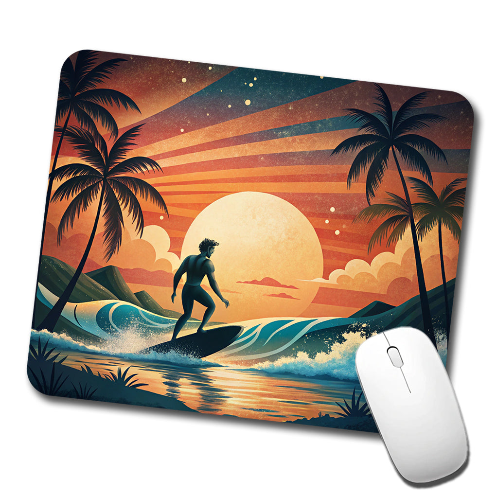 Retro Surfer Beach Tropical Sunset Illustration Low Profile Mouse Pad Mat