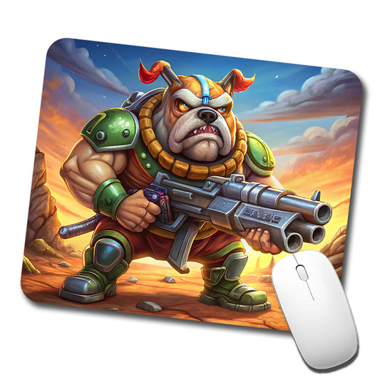 Sci-fi Cartoon Bulldog With Giant Gun Low Profile Mouse Pad Mat