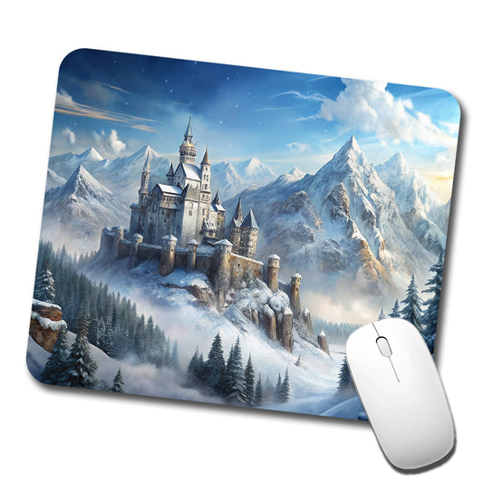Snow Covered Castle In Mountains Landscape Low Profile Mouse Pad Mat