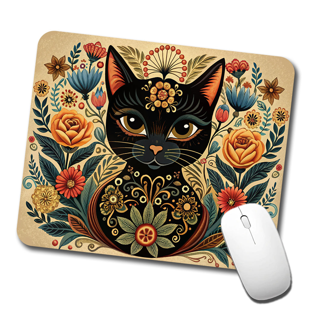 Stylized Black Cat Floral Design Low Profile Mouse Pad Mat