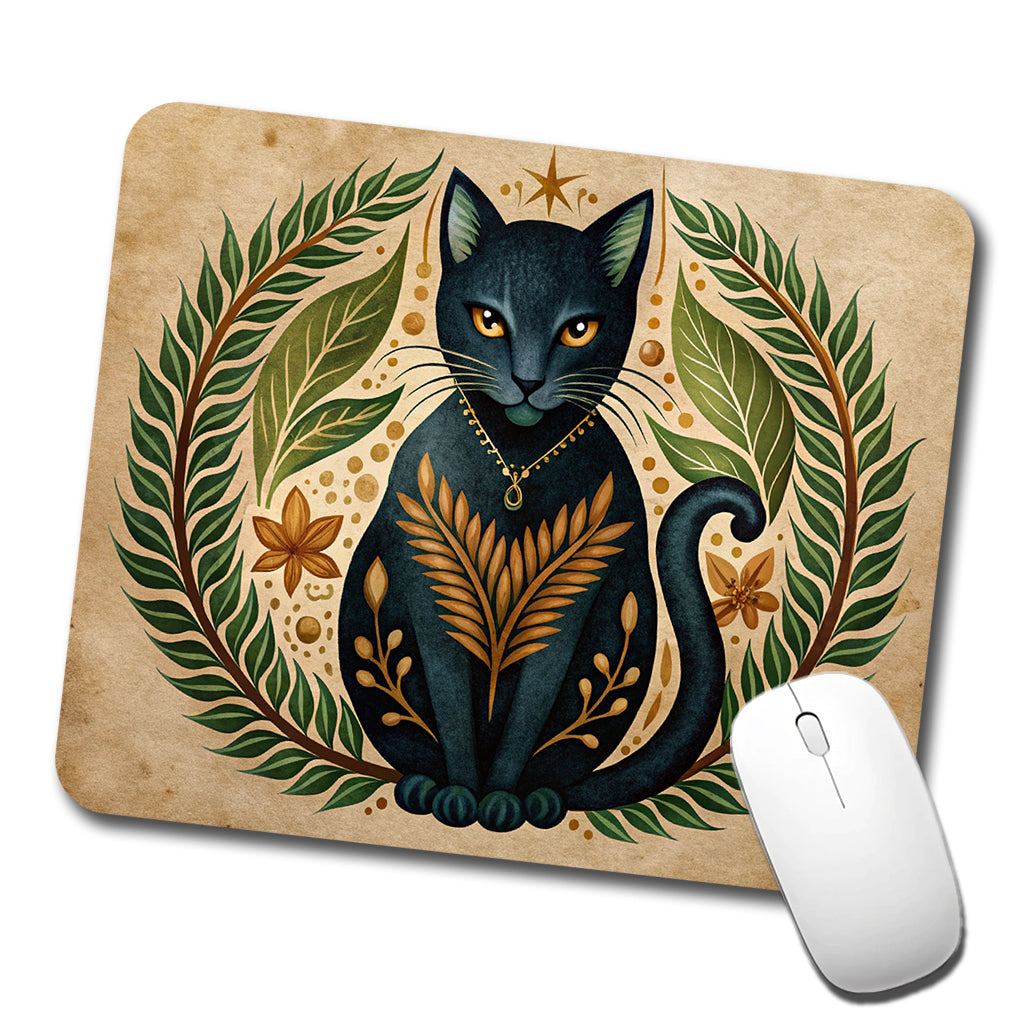 Stylized Black Cat Illustration Leaf Design Low Profile Mouse Pad Mat