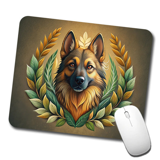 Stylized German Shepherd Illustration Leaf Design Low Profile Mouse Pad Mat
