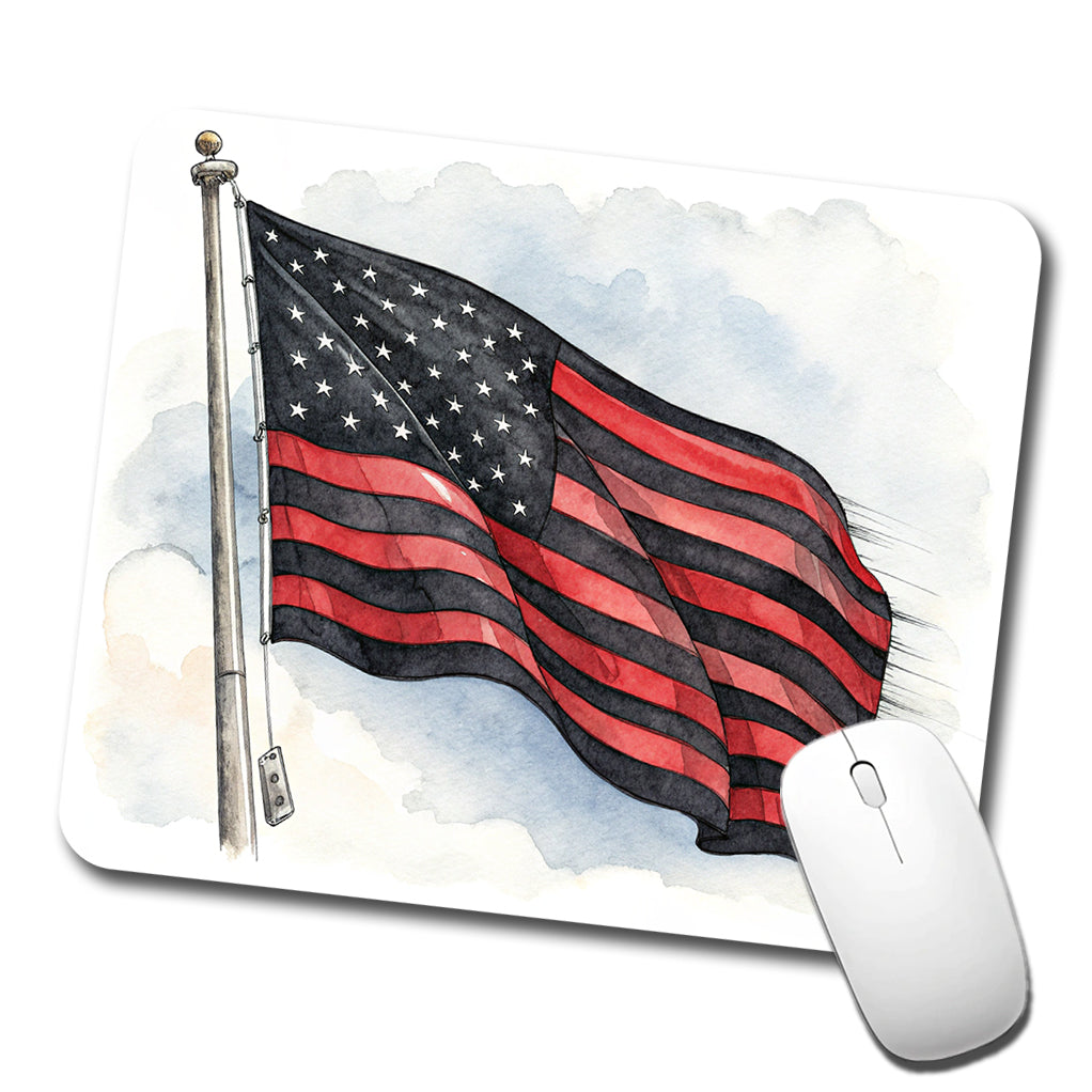 Black Red Waving American Flag Watercolor USA United States Low Profile Mouse Pad Mat