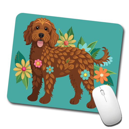Brown Labradoodle Floral Motif Dog Low Profile Mouse Pad Mat